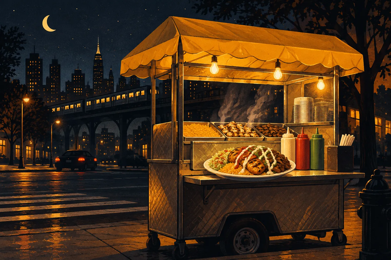 Illustrative concept image: halal food cart glowing saffron at night